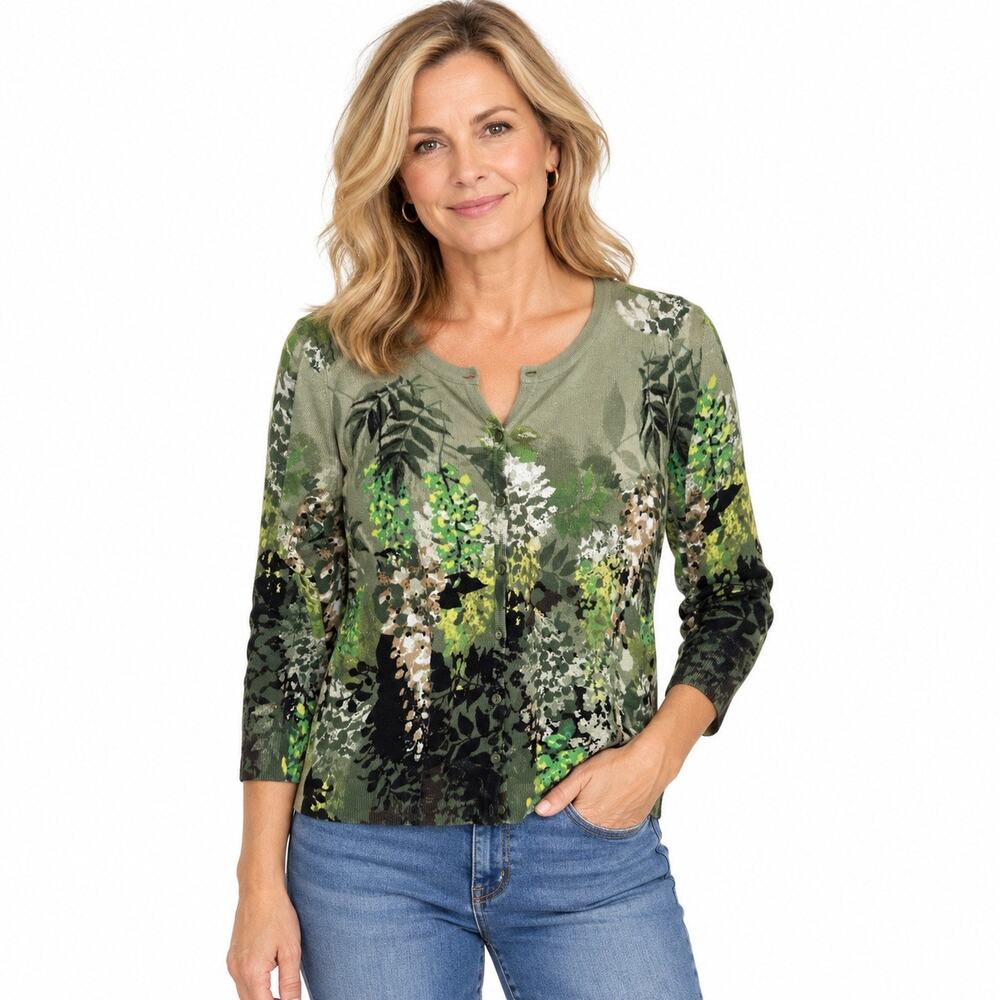 Joseph A Botanical print green button up cardigan women M